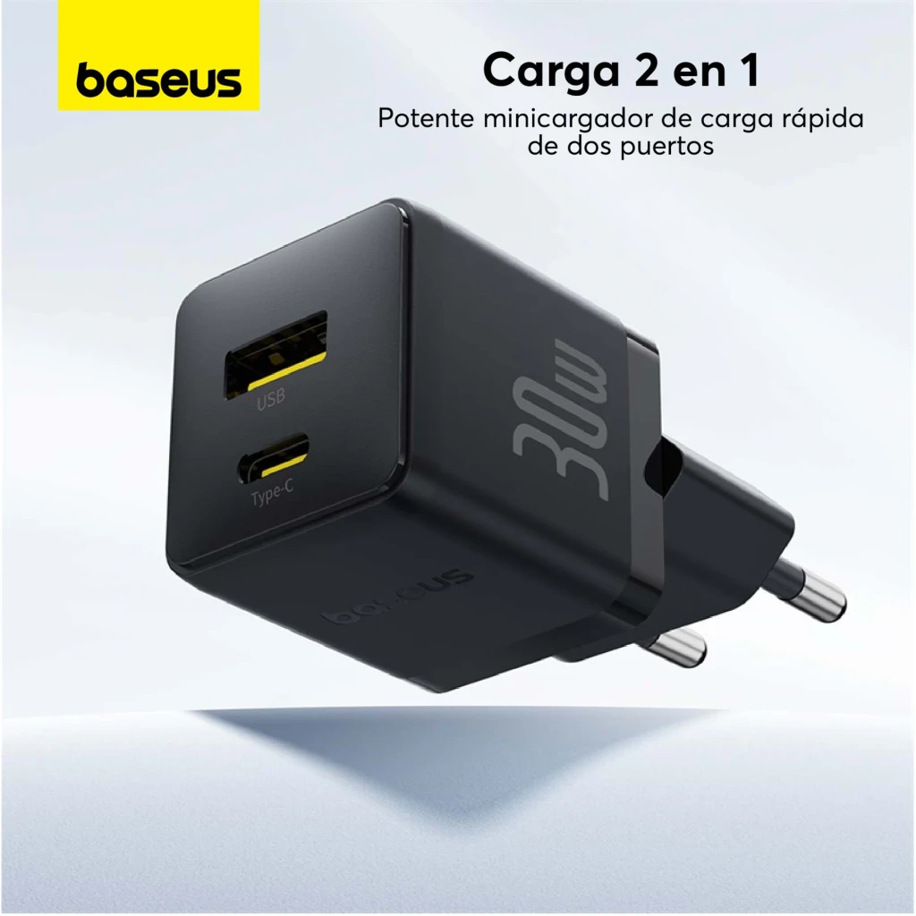 Baseus Palm Fast Charger 30W USB-A + USB-C cargador de pared negro con dos puertos, enchufe europeo y diseño compacto para carga rápida 2 en 1