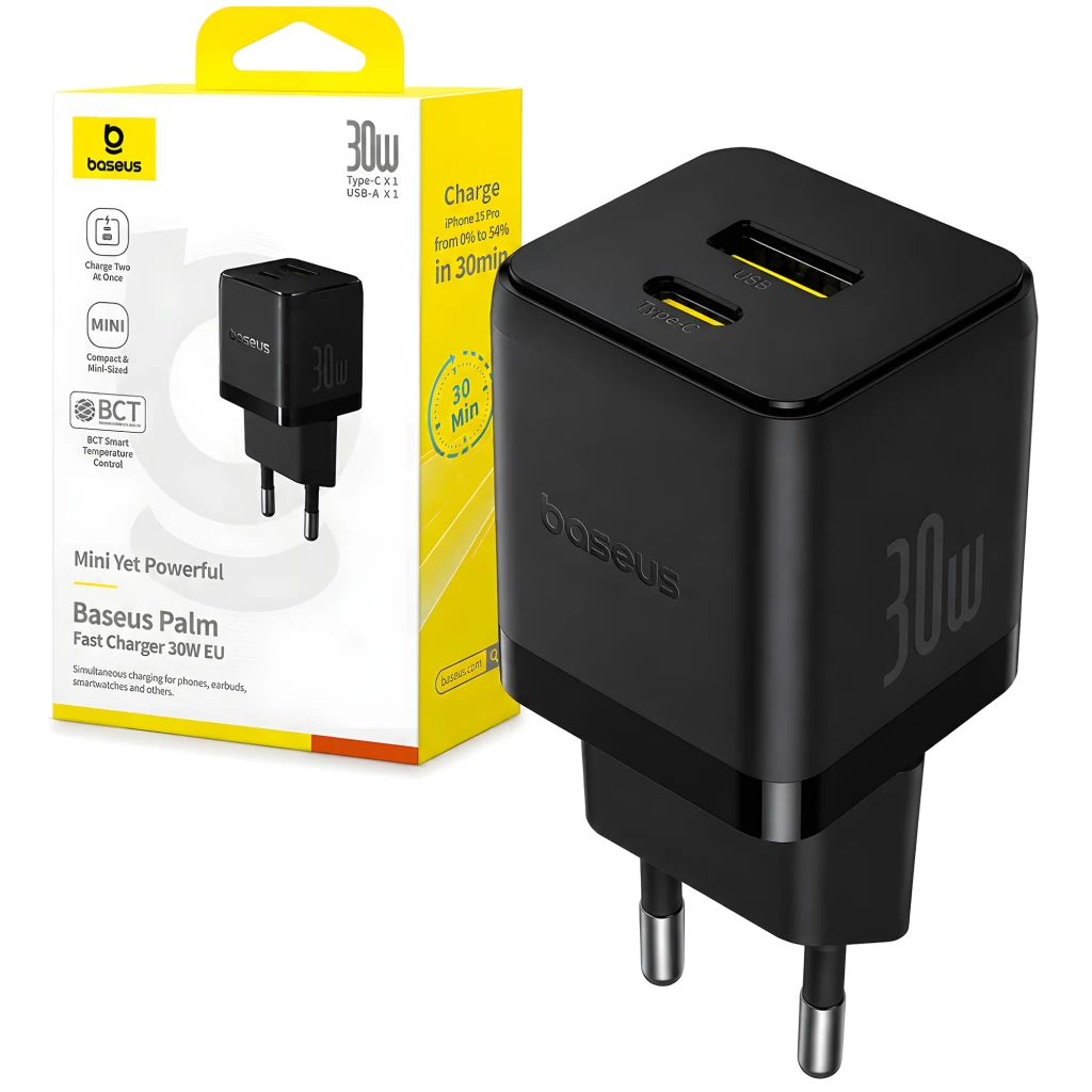 Baseus Palm Fast Charger 30W USB-A + USB-C - Cargador de pared negro compacto con doble puerto, enchufe EU y acabado mate con logotipo 30W