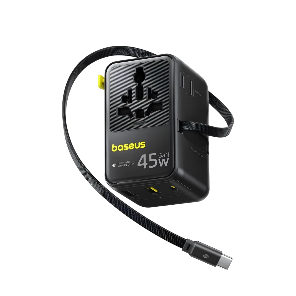 Baseus PicoGo AG11, cargador de viaje GaN 45 W negro con enchufe universal, puertos USB-C y USB-A, cable trenzado integrado y diseño compacto portátil