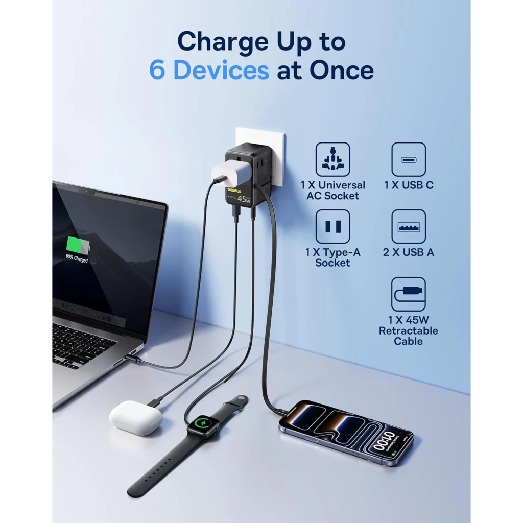 Baseus PicoGo AG11 cargador GaN 45 W gris con 6 puertos: USB C, USB A, toma AC universal, tipo A, cable retráctil 45 W; compacto y de pared