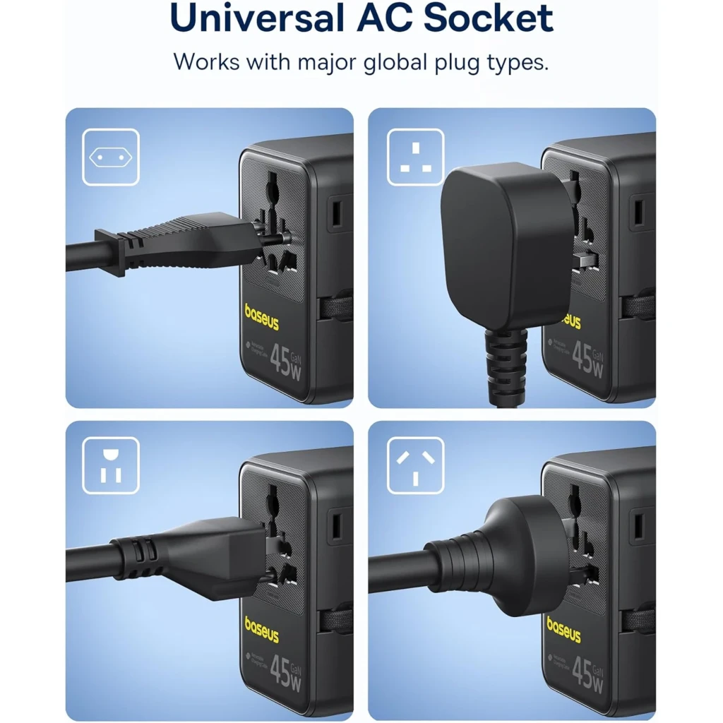 Baseus PicoGo AG11 cargador GaN 45 W compacto con enchufe universal AC; admite clavijas EU, UK, US y AU; puerto lateral y diseño negro portátil