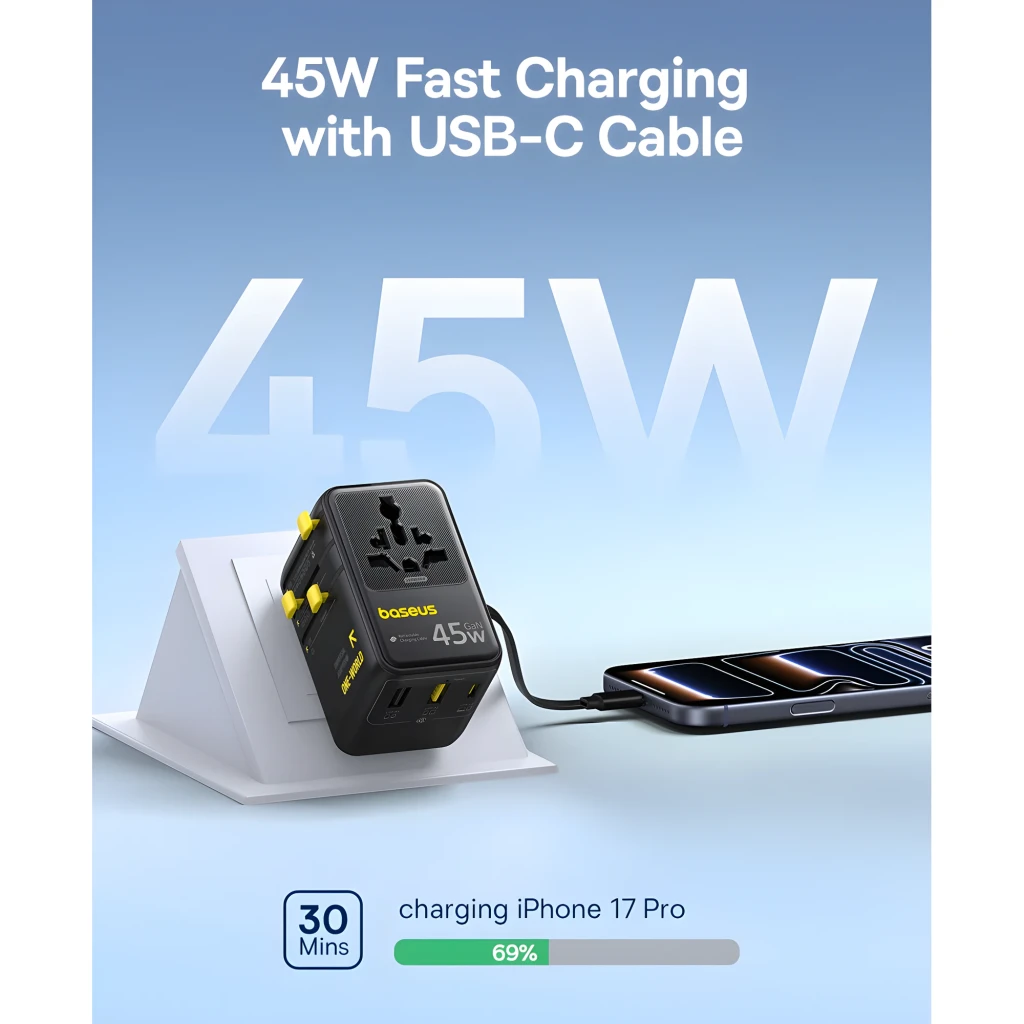 Baseus PicoGo AG11 cargador GaN 45 W negro con puertos USB-C y USB-A, adaptador universal con indicadores amarillos, carga rápida para móviles y laptop