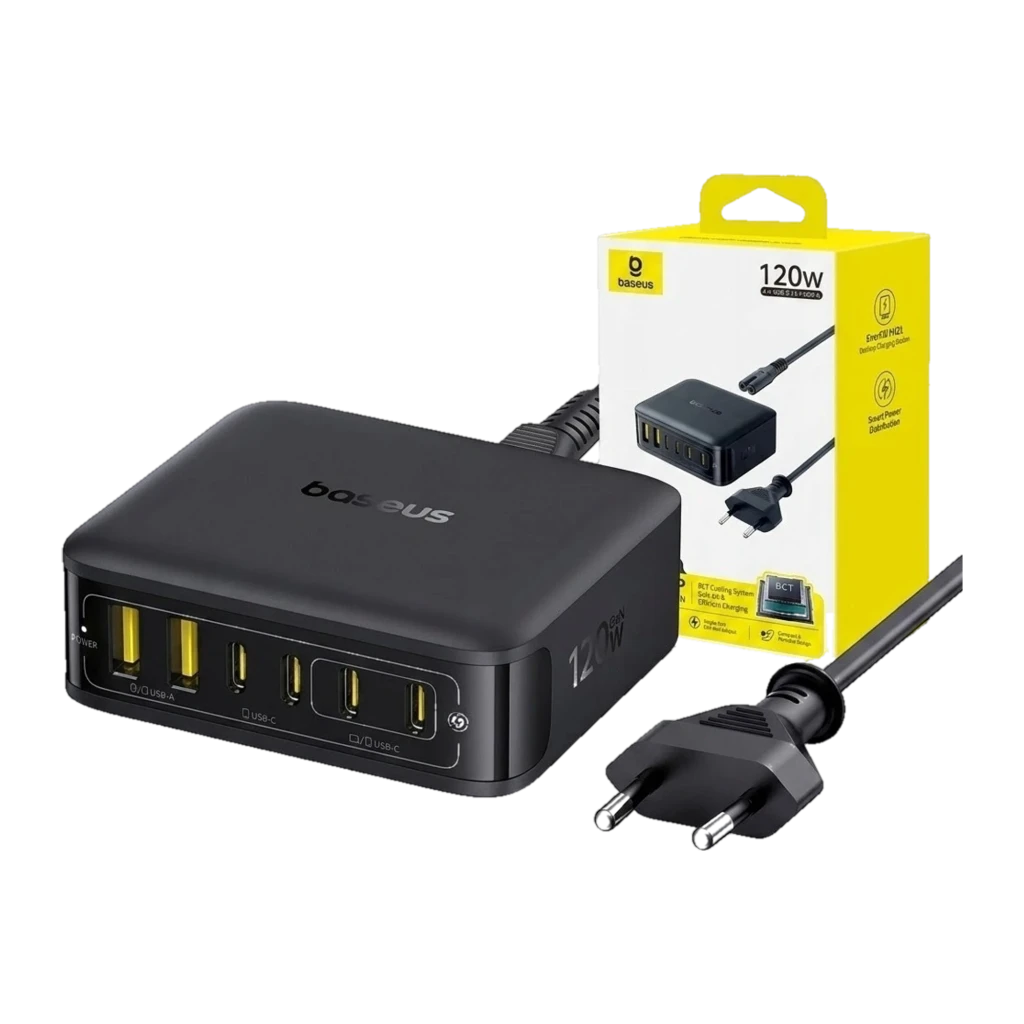 Cargador Baseus E0120T00 120W negro con 6 puertos: 2 USB-C y 4 USB-A con luz amarilla, cable de alimentación y enchufe europeo, diseño compacto y robusto
