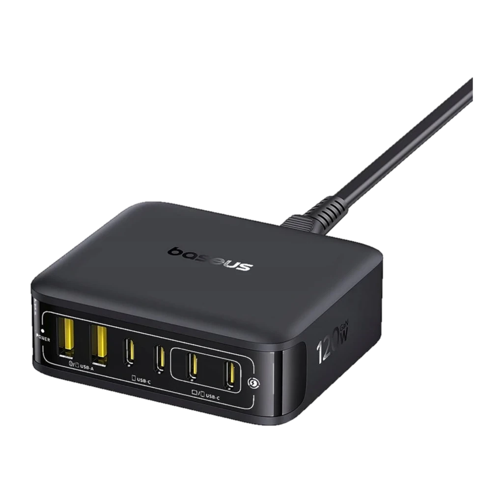 Cargador Baseus E0120T00 120W negro, compacto con 6 puertos: 4 USB-A amarillos y 2 USB-C frontales, cable integrado y diseño mate para carga rápida universal