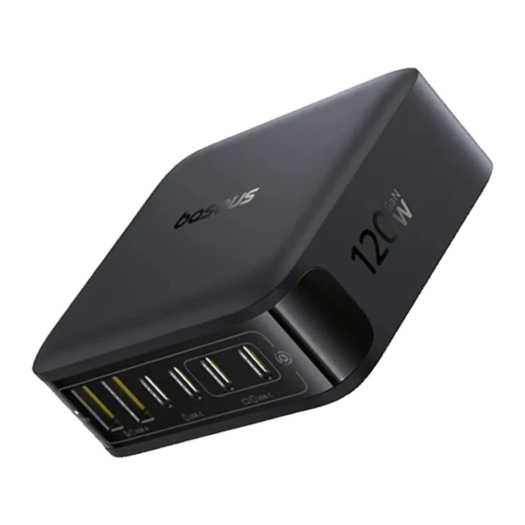 Baseus E0120T00 120W cargador universal negro con 6 puertos: 4 USB-A y 2 USB-C, diseño compacto inclinado, indicador de potencia 120W, acabado mate elegante