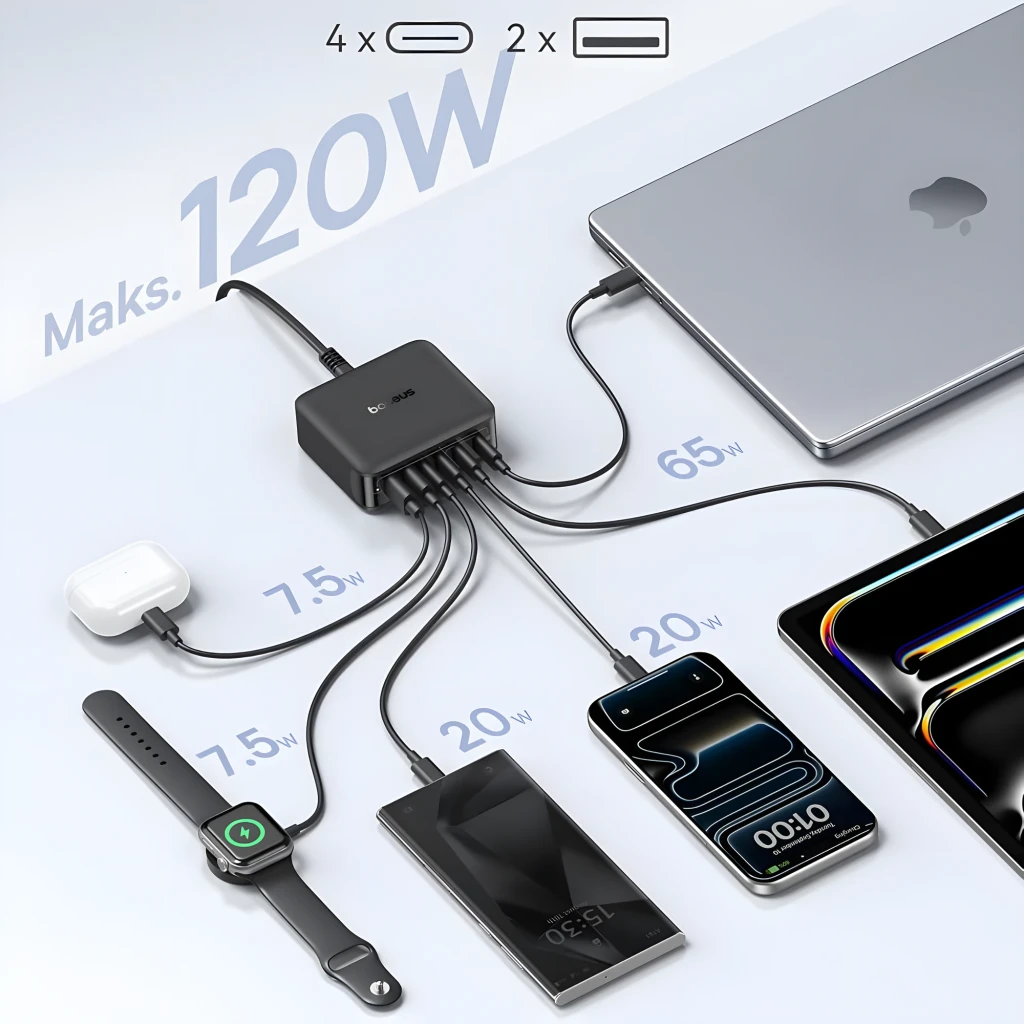 Baseus E0120T00 120W con 6 puertos USB y USB-C, carga rápida para laptop, smartphones, smartwatch y auriculares; salidas 65W, 20W y 7.5W visibles