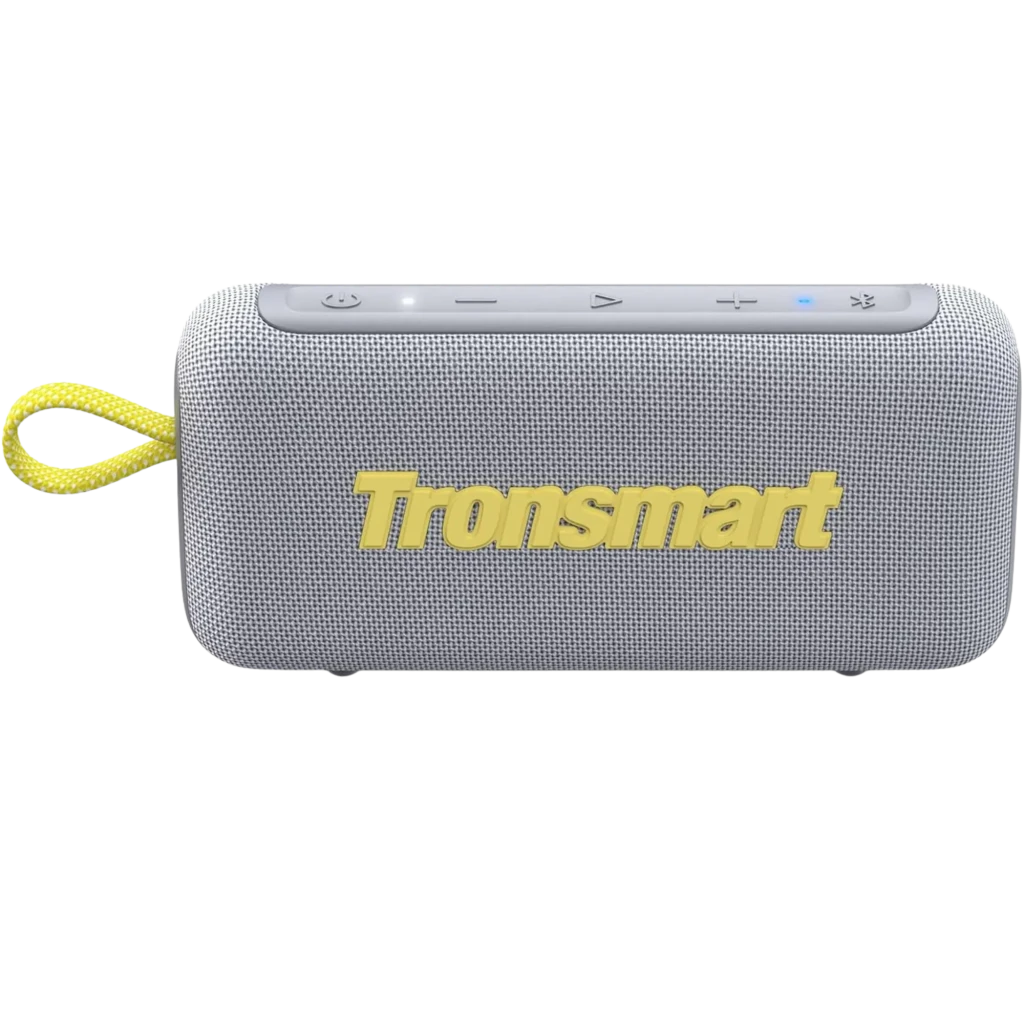 Altavoz Tronsmart Trip 2 gris, 10W, Bluetooth 5.3. Diseño compacto con tela gris, logotipo Tronsmart amarillo, correa amarilla y panel superior con controles.