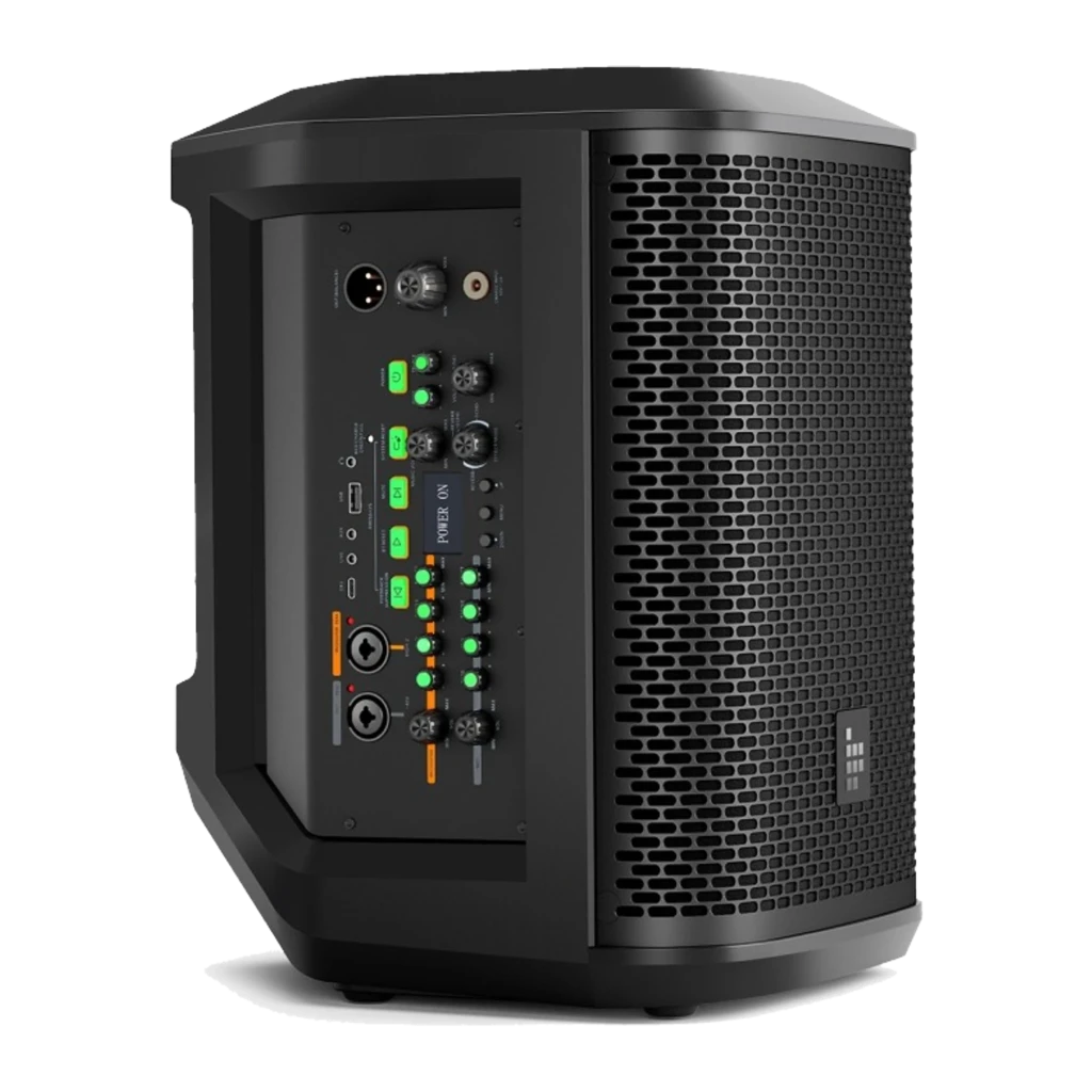 Altavoz PA Tronsmart Hytune S1 200W con panel lateral: rejilla metálica, controles iluminados, entradas XLR/TRS y perillas de volumen y ecualización