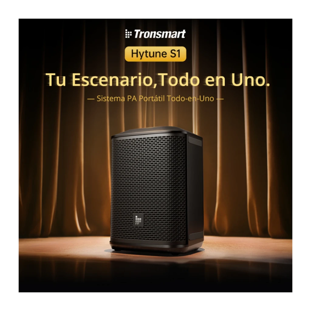 Altavoz PA Tronsmart Hytune S1 200W portátil con rejilla metálica negra, controles laterales y asa superior; conectividad Bluetooth, XLR y TRS; autonomía 18h
