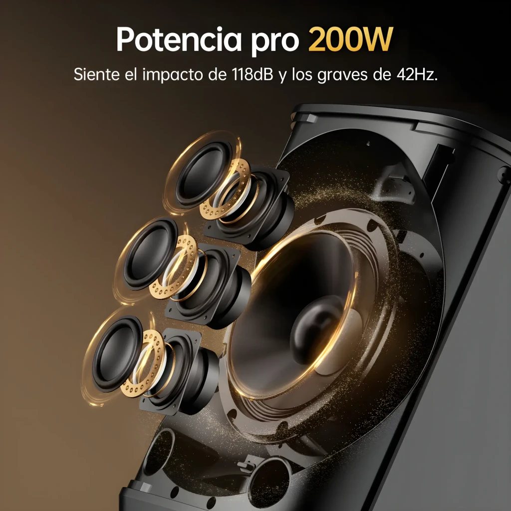 Altavoz PA Tronsmart Hytune S1 200W con woofers y tweeters en corte transversal, efecto dorado, destaca graves 42Hz y salida potente 118dB, Bluetooth y XLR TRS