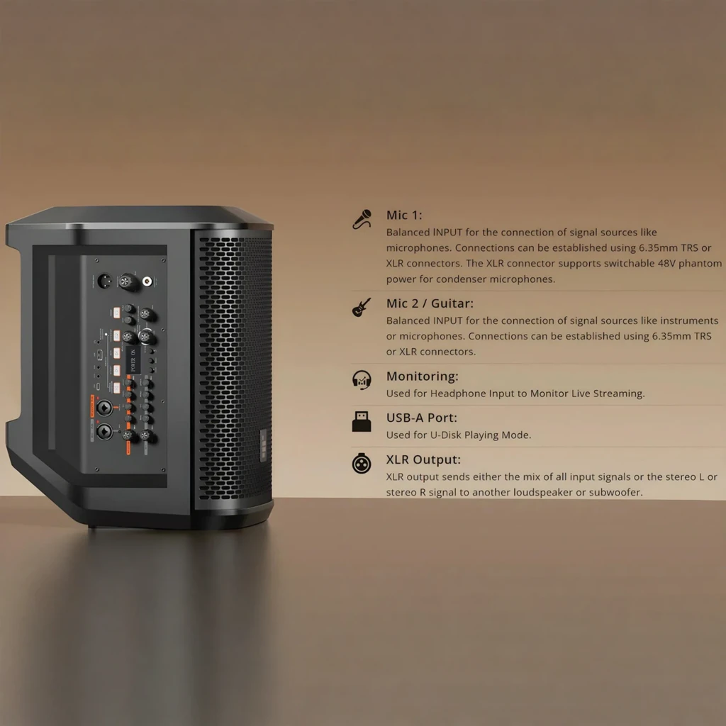 Altavoz PA Tronsmart Hytune S1 200W, rejilla metálica frontal, panel lateral con controles, puertos XLR/TRS, USB-A y perillas iluminadas, diseño portátil