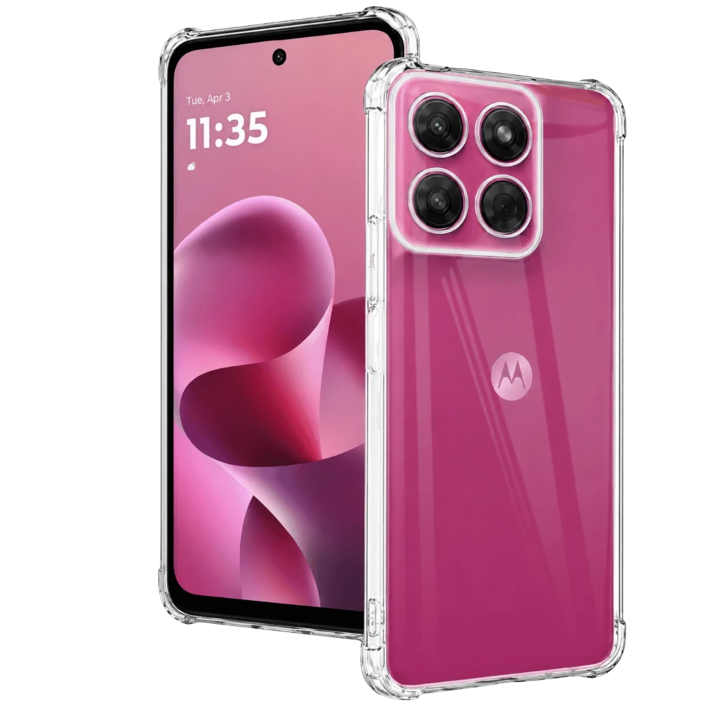 Funda de silicona transparente reforzada para Motorola Moto G37 y Moto G47, con esquinas antiimpacto, bordes elevados y recortes precisos para cámara y puertos