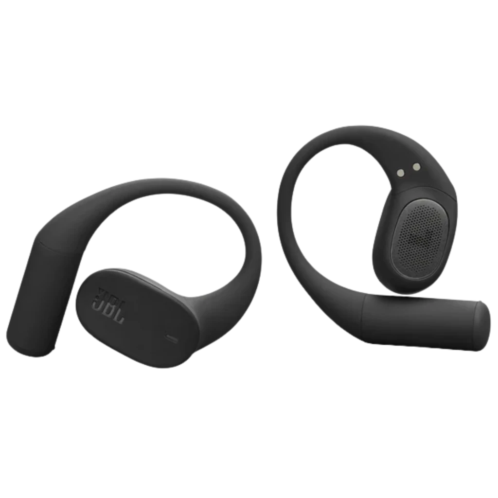 JBL Sense Lite Sem Fios IP54 32 h Preto: fones open-ear pretos com gancho ergonômico, grelha oval perfurada e contatos magnéticos, design leve para esportes