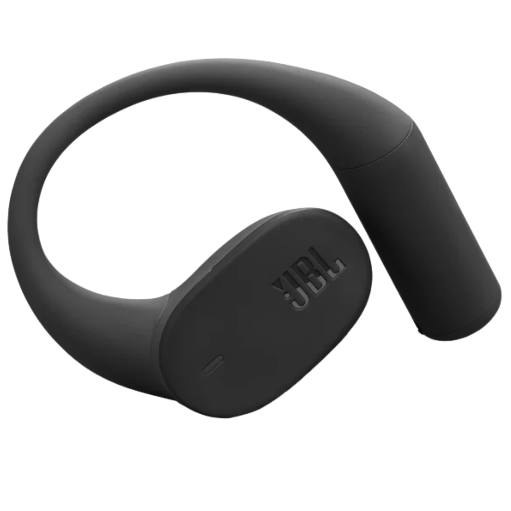 JBL Sense Lite Sem Fios IP54 32 h Preto: fone preto com design em arco sobre a orelha, corpo fosco, logotipo JBL em relevo e porta de carregamento discreta