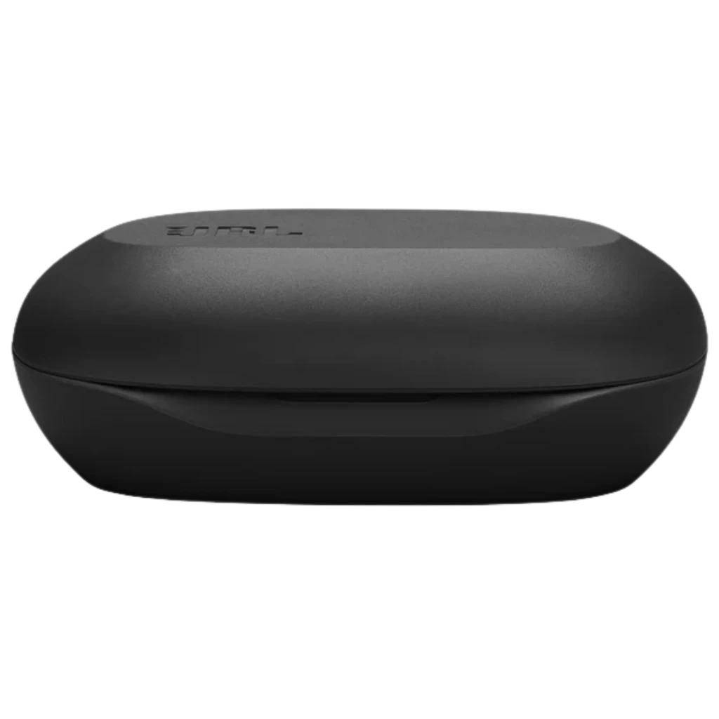 Estojo preto compacto do JBL Sense Lite Sem Fios IP54, acabamento fosco, tampa arredondada com logo discreto, design minimalista e portátil
