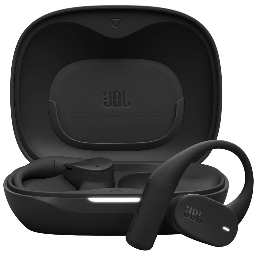 Auriculares JBL Sense Lite negros con gancho ergonómico, estuche compacto, indicador LED, diseño deportivo, resistentes IP54 y hasta 32 h de uso