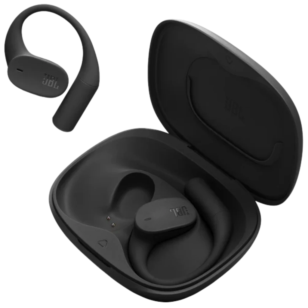JBL Sense Lite Sem Fios IP54 32 h Preto: earbuds over-ear hook em estojo preto fosco, design ergonômico, LEDs de carga e ponteiras compactas