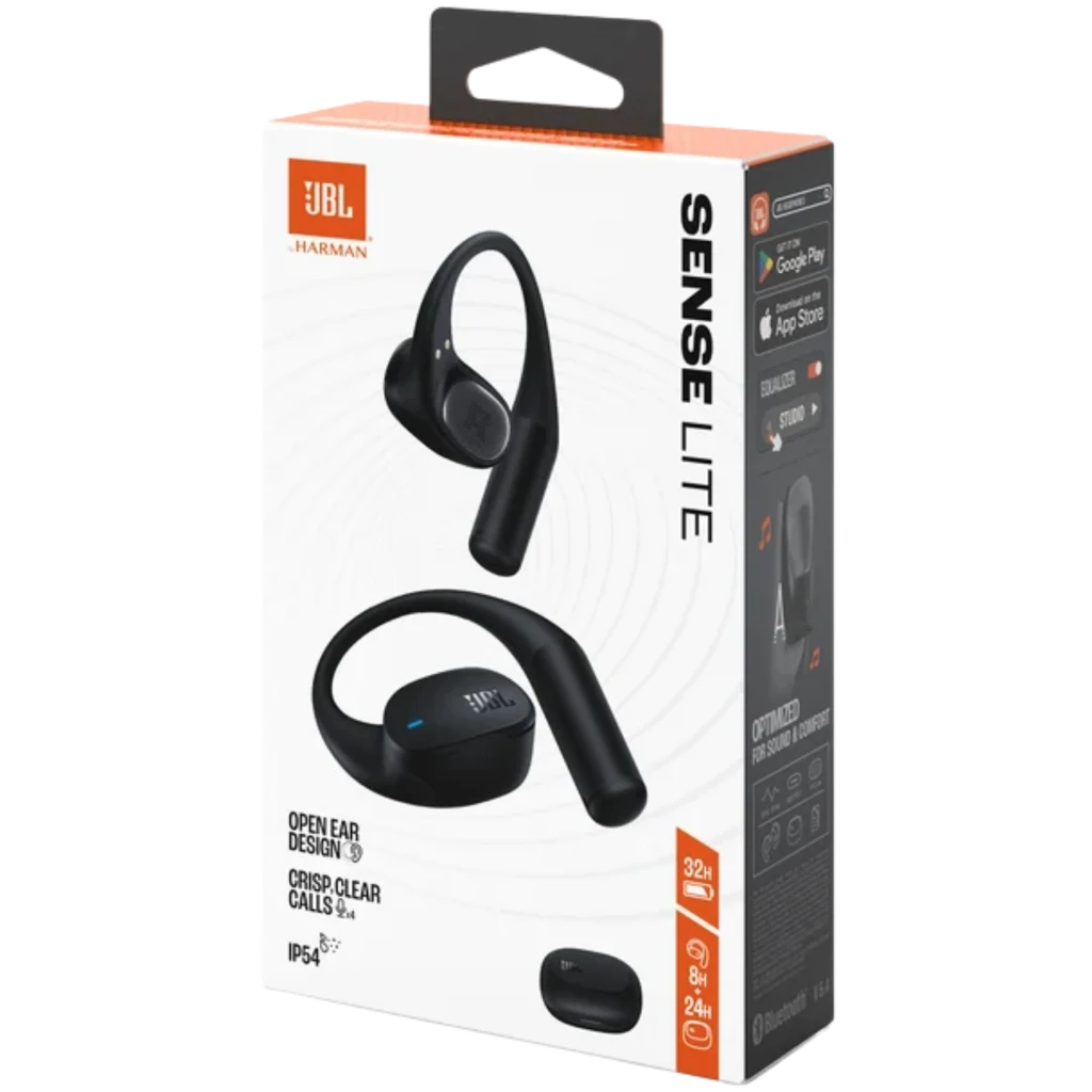 Embalagem JBL Sense Lite Sem Fios IP54 32 h Preto com imagem de fones open-ear pretos com earhooks, estojo de carregamento e destaque de 32h e IP54
