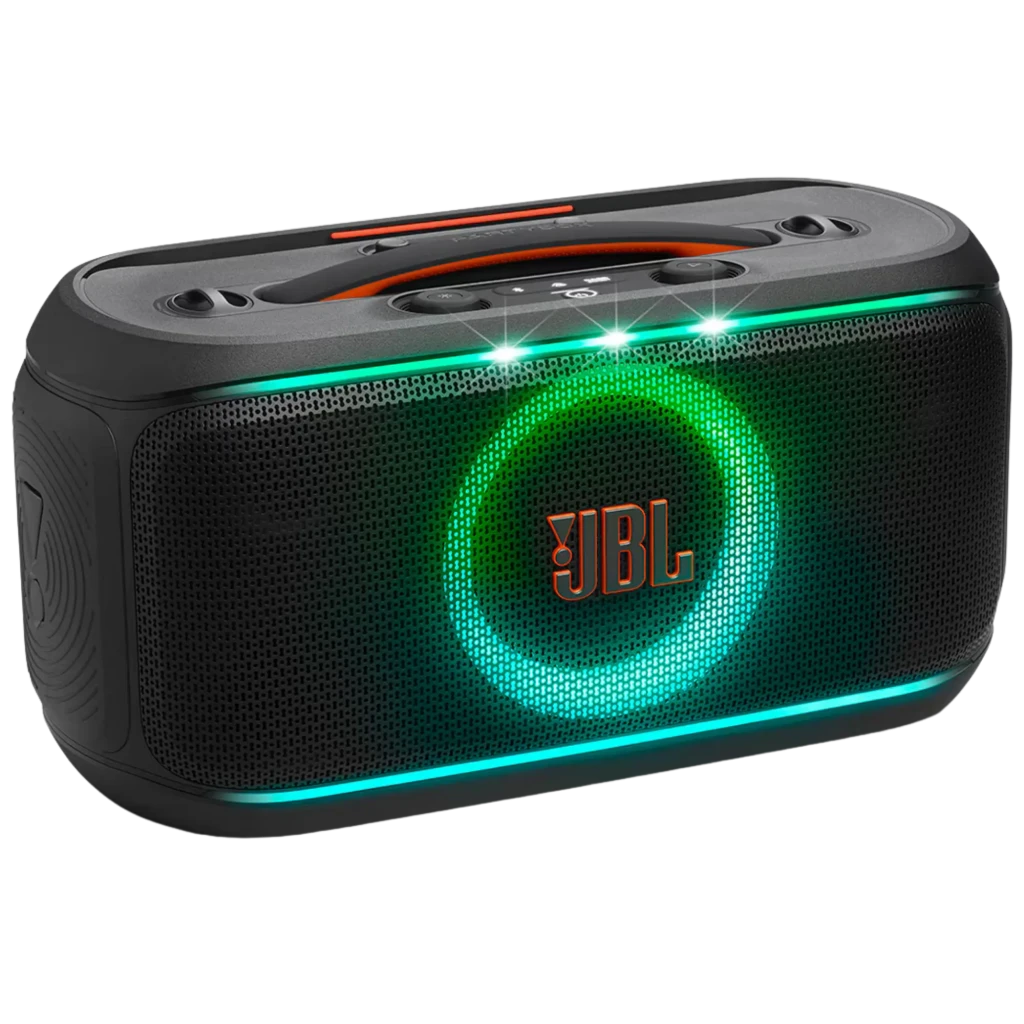 JBL PartyBox On-The-Go 2 altavoz portátil negro con anillo LED multicolor frontal, rejilla metálica, barra luminosa inferior y controles superiores