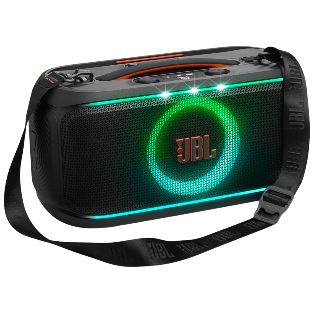 Altavoz portátil JBL PartyBox On-The-Go 2 negro con anillo LED verde, rejilla frontal con logo JBL, correa ajustable y diseño robusto IPX4