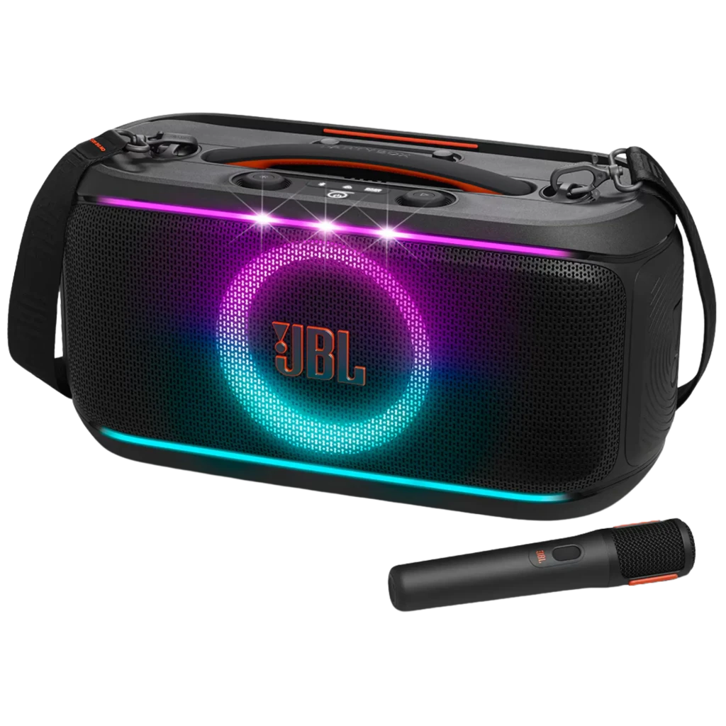 Altavoz portátil JBL PartyBox On-The-Go 2 negro con luces LED frontales, asa y correa de transporte, rejilla metálica y micrófono inalámbrico incluido