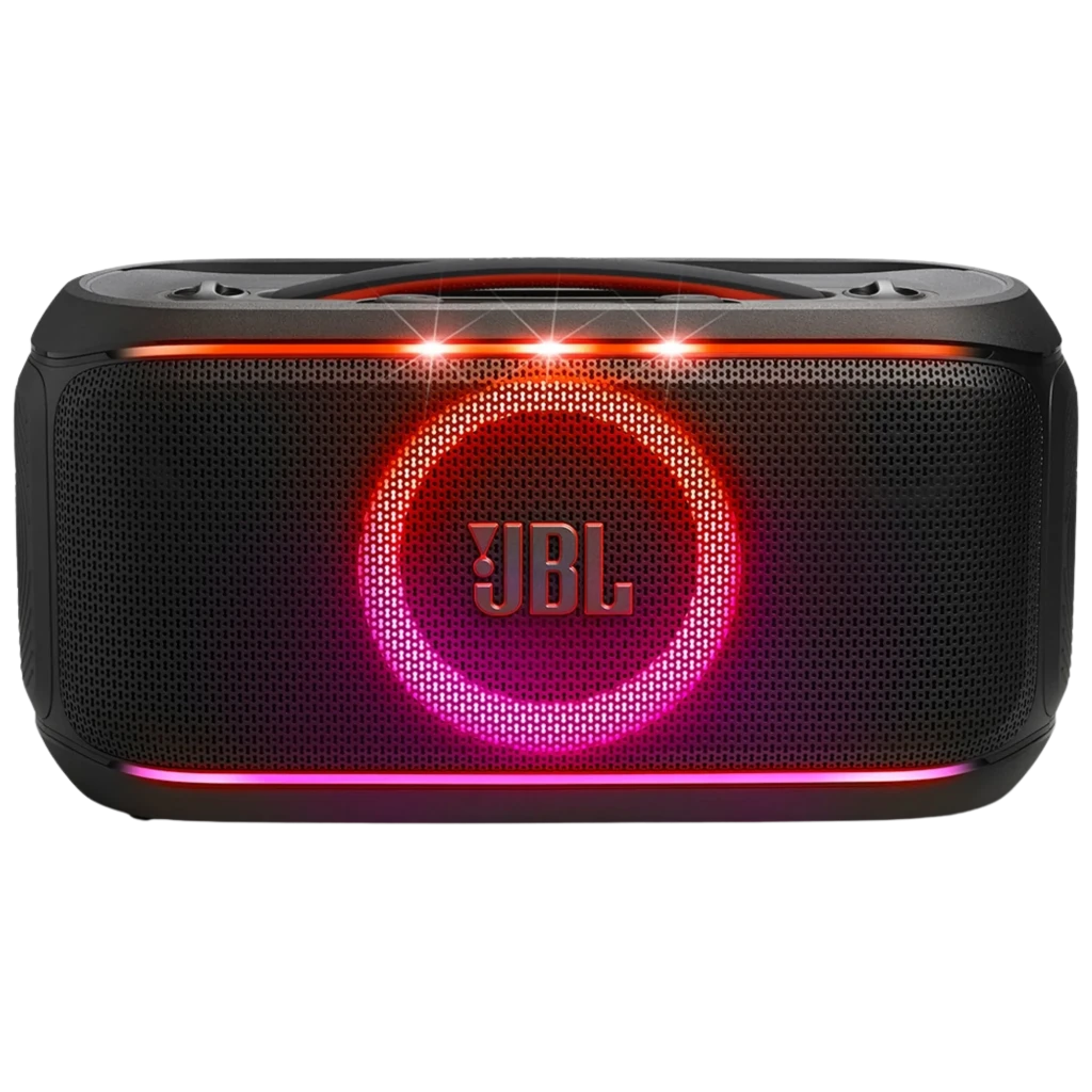 Altavoz JBL PartyBox On-The-Go 2 negro con anillo LED rojo y rosa en la parrilla, panel superior con controles y luces, diseño portátil y robusto IPX4