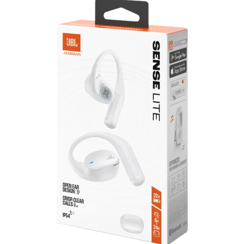 Caja de auriculares JBL Sense Lite blancos: diseño open-ear con ganchos, estuche de carga compacto, certificación IP54 y autonomía total de 32 h