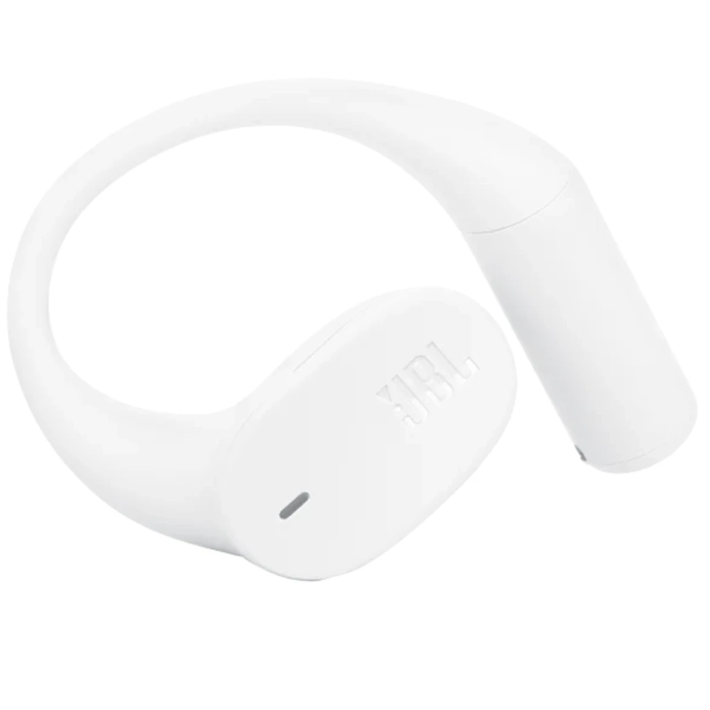 Auricular JBL Sense Lite blanco, diseño en gancho de oreja, acabado mate, logo JBL en relieve y luz LED discreta; compacto y ergonómico IP54