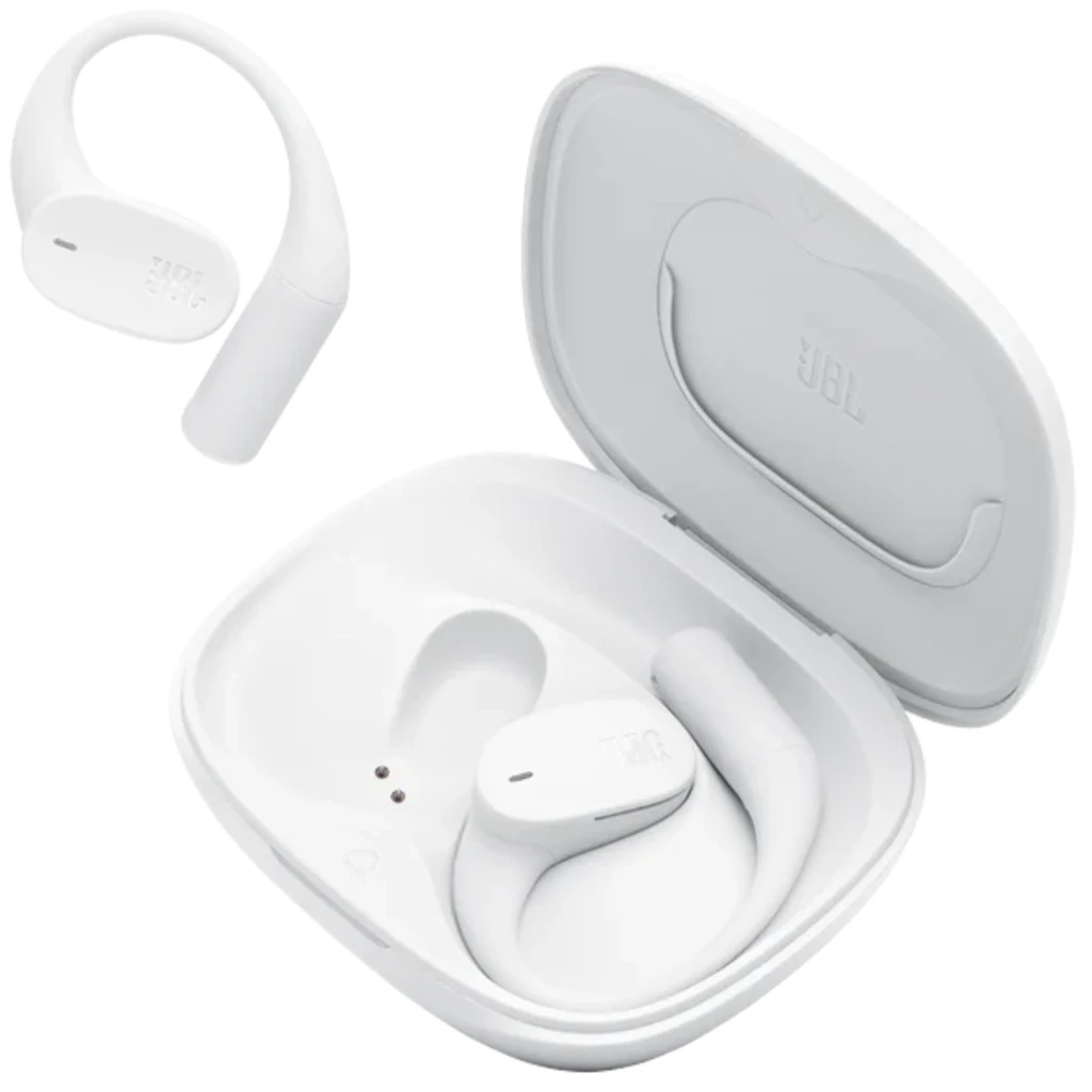 Estuche blanco con tapa abierta y auriculares intraurales JBL Sense Lite, diseño de gancho ergonómico, acabado mate, indicadores de carga y ajuste seguro IP54