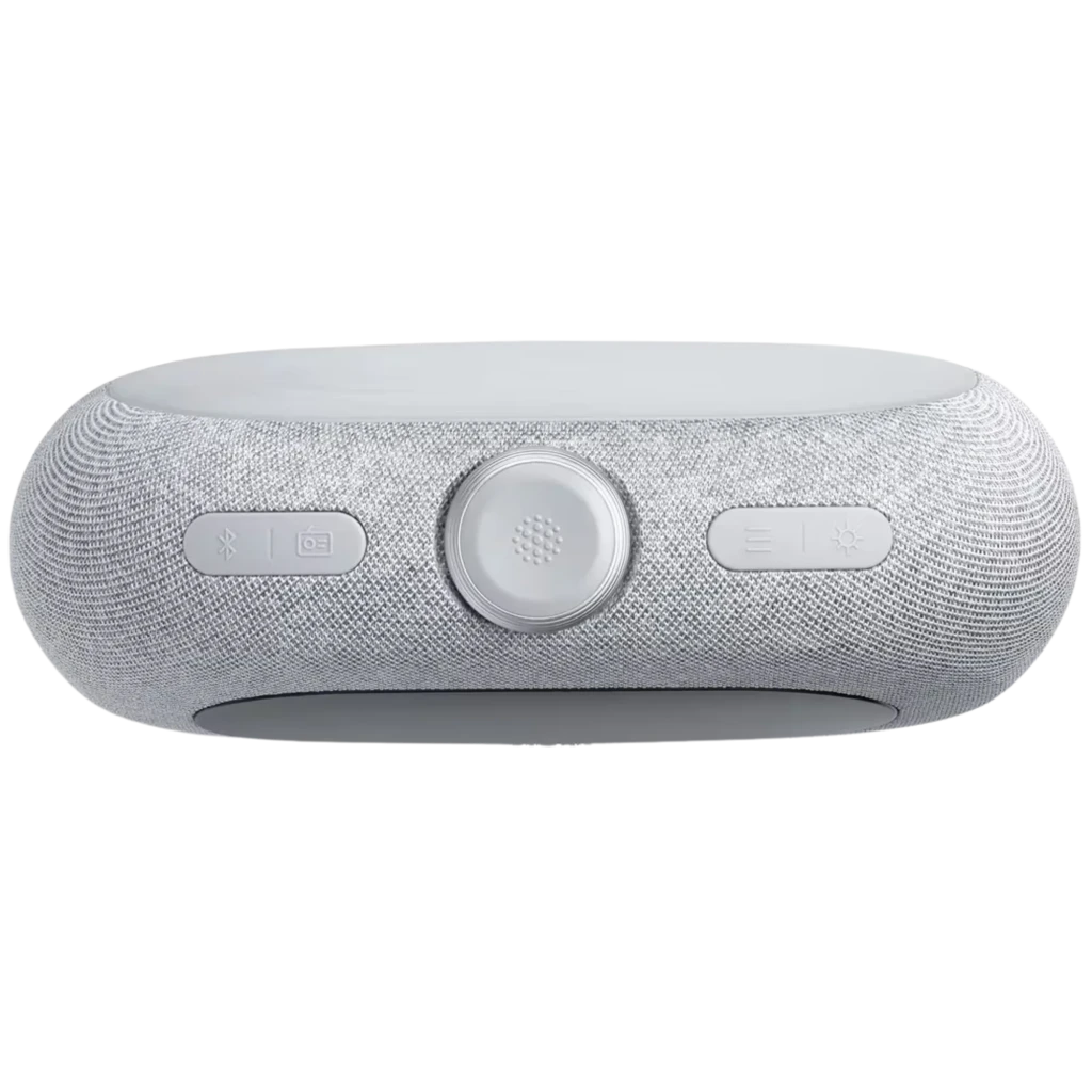 JBL Horizon 3 cinzento com tecido, botões frontais para Bluetooth, rádio e alarme, mostrador central circular e base estável; design compacto de 5 W