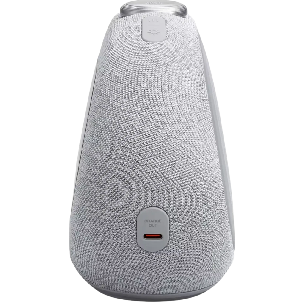 JBL Horizon 3 cinzento com tecido cinza, formato cônico, botão superior e porta USB-C Charge Out frontal, design moderno e compacto de 5 W