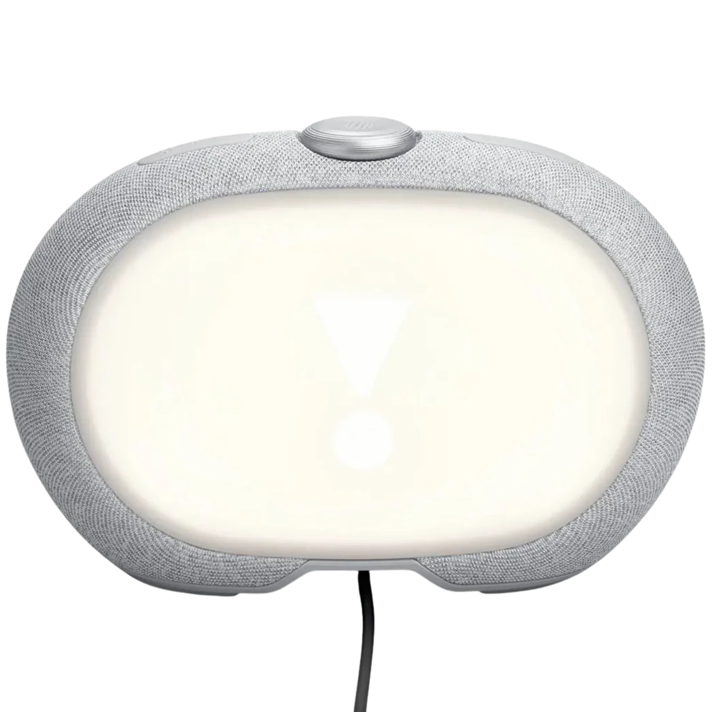 JBL Horizon 3 cinzento com luz frontal ampla, tecido cinza texturizado, botão superior central e cabo inferior; design oval moderno e compacto