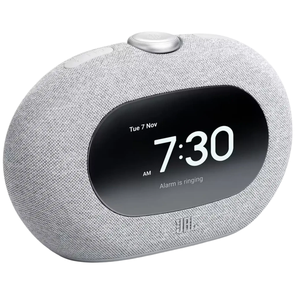 JBL Horizon 3 cinzento com tela oval preta, mostrador digital 7:30, botão superior prateado e tecido acústico; rádio DAB+/FM, Bluetooth, 5 W, design curvo