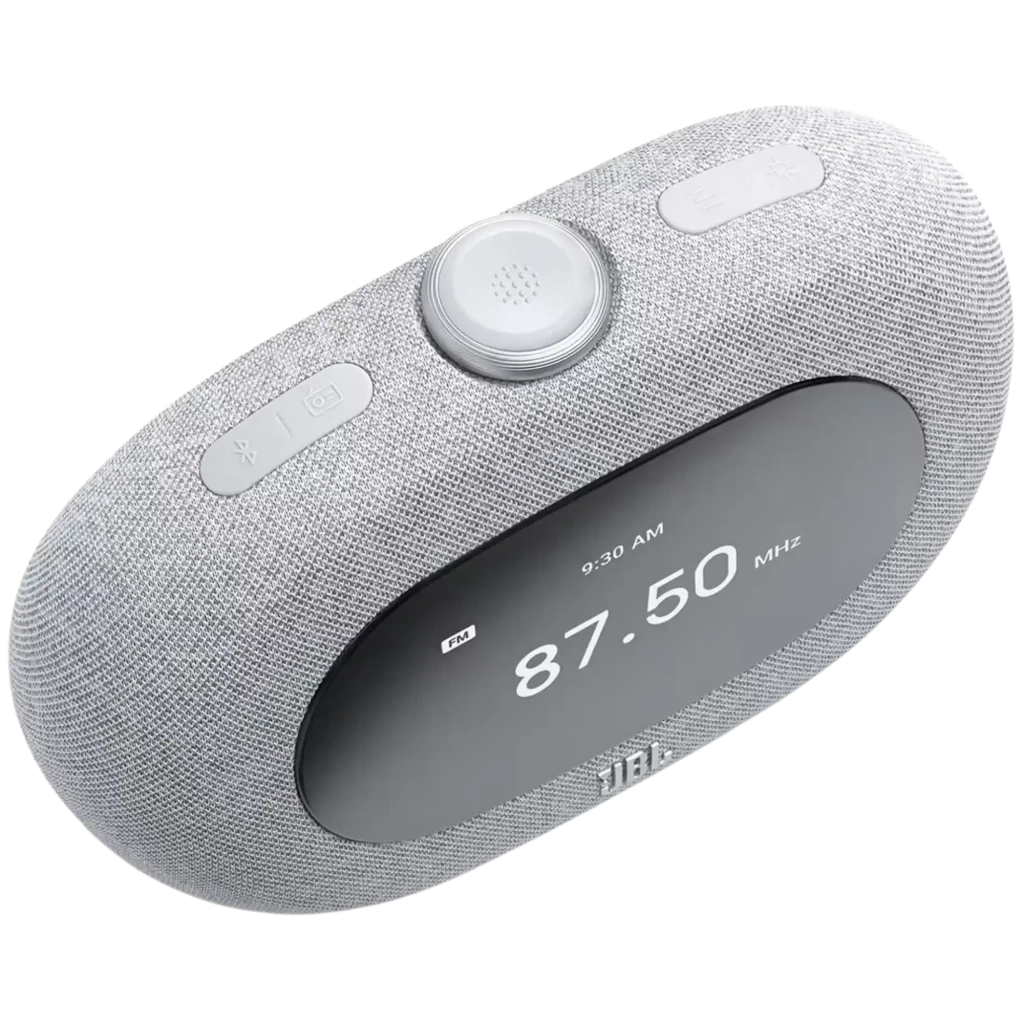 Rádio JBL Horizon 3 cinzento com ecrã digital 87.50 MHz, tecido cinza, botões superiores, botão central grande e altifalante 5 W com Bluetooth e DAB+/FM