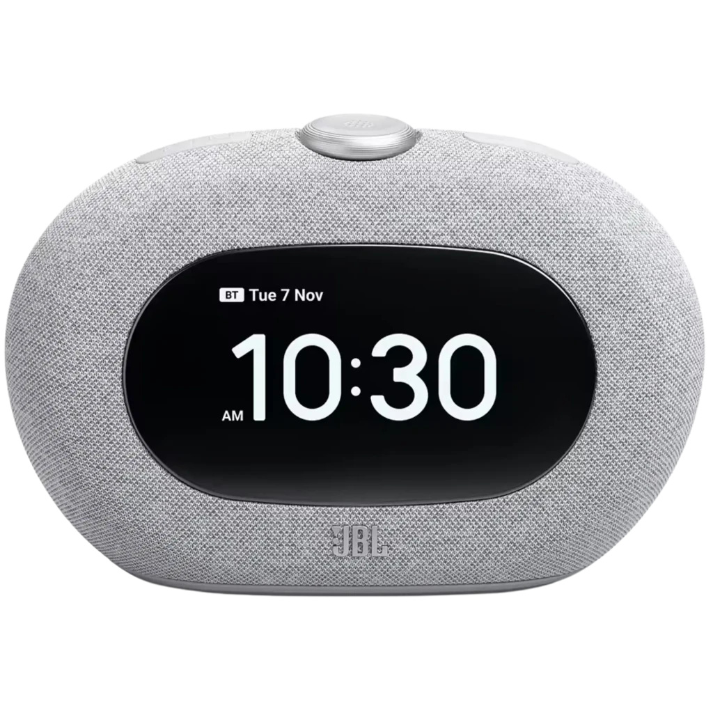 JBL Horizon 3 cinzento com ecrã digital grande, tecido cinza, botão superior texturizado e logótipo JBL frontal; design oval moderno para rádio DAB+/FM e