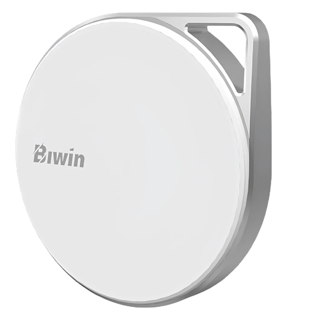 PM2000 Biwin Blanco 512GB SSD externo USB-C, carcasa circular blanca con borde metálico y ojal para correa, lectura hasta 2000 MB/s