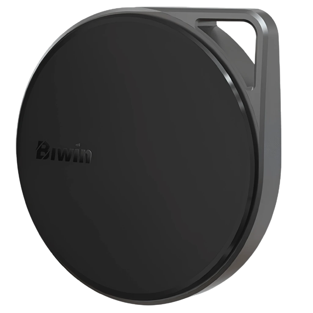 PM2000 Biwin Negro 1TB SSD externo USB-C, diseño circular compacto en negro mate con borde metálico gris y ojal integrado para llavero o correa
