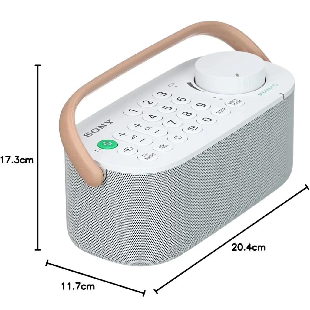 Sony SRS-LSR200 Bluetooth IPX2 Blanco con asa beige, dial grande, teclado numérico, altavoz gris perforado y diseño compacto 20.4 x 11.7 x 17.3 cm