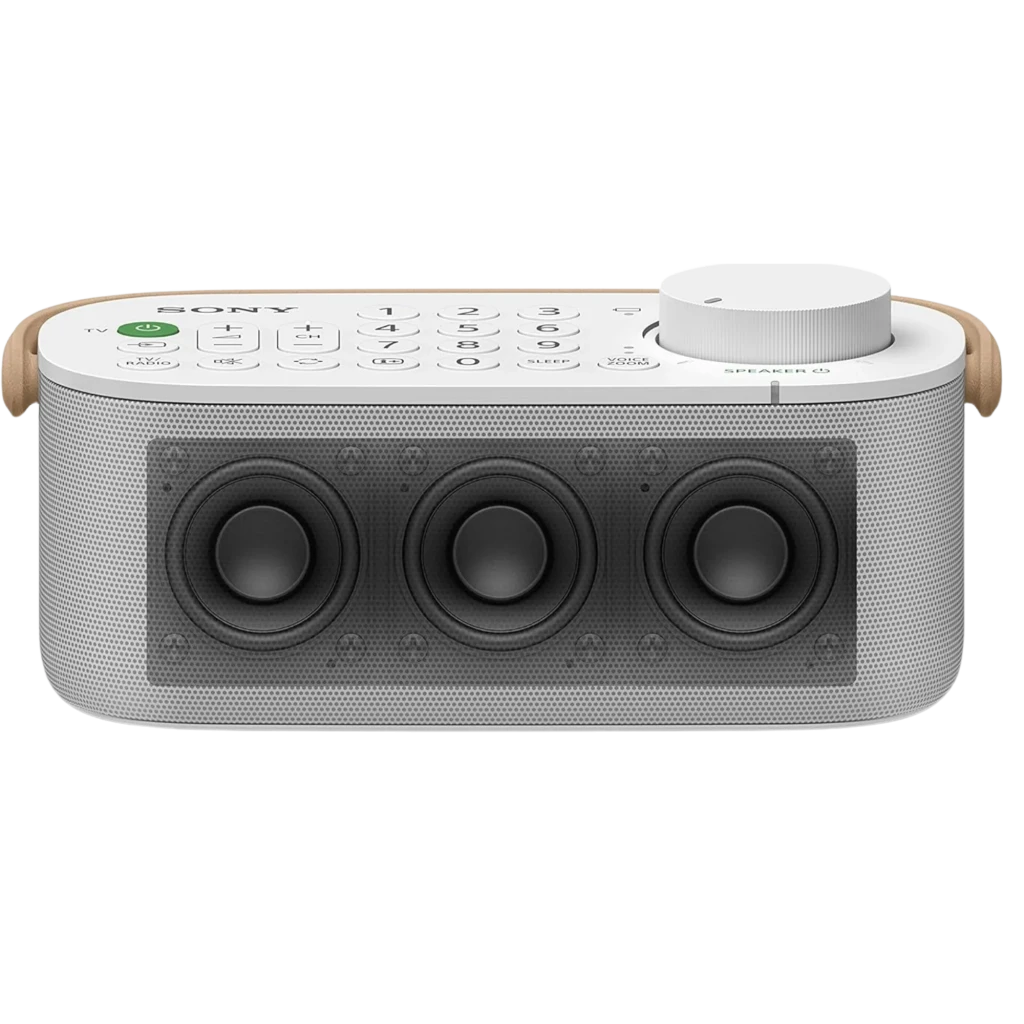 Sony SRS-LSR200 Bluetooth IPX2 Blanco con tres altavoces frontales, panel superior con botones y gran perilla, asas laterales y rejilla metálica gris