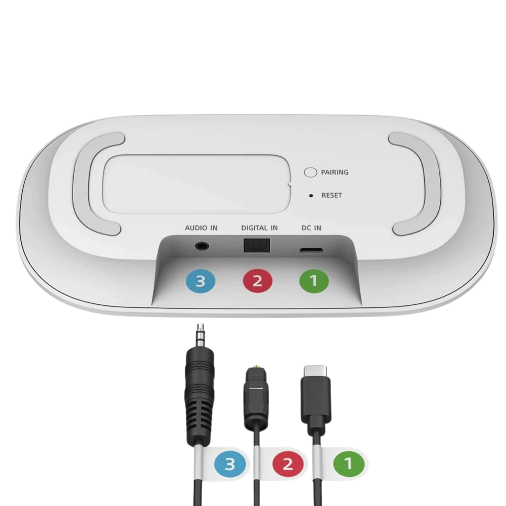Base de carga blanca del Sony SRS-LSR200 con botones Pairing y Reset y puertos DC in USB C, Digital In óptico y Audio In 3.5 mm, diseño IPX2 compacto