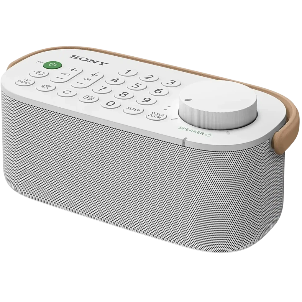 Sony SRS-LSR200 Bluetooth IPX2 Blanco con gran perilla de volumen, teclado numérico y asa lateral beige; altavoz compacto con rejilla frontal gris