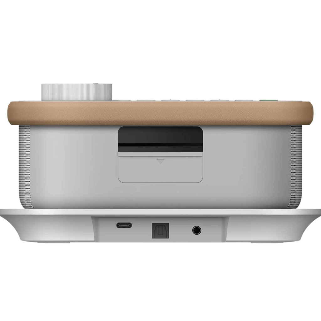 Sony SRS-LSR200 Bluetooth IPX2 Blanco con base de carga, acabado blanco y tapa beige, rueda de volumen grande, rejilla metálica y puertos traseros USB y audio