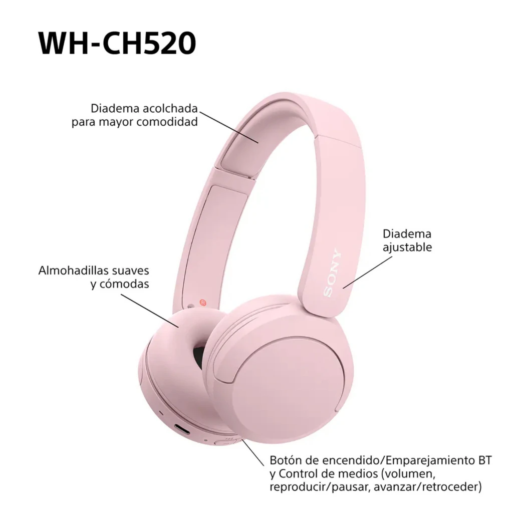 Auriculares Sony WH-CH520 rosa con diadema acolchada y ajustable, almohadillas suaves, controles integrados y puerto de carga en la copa izquierda