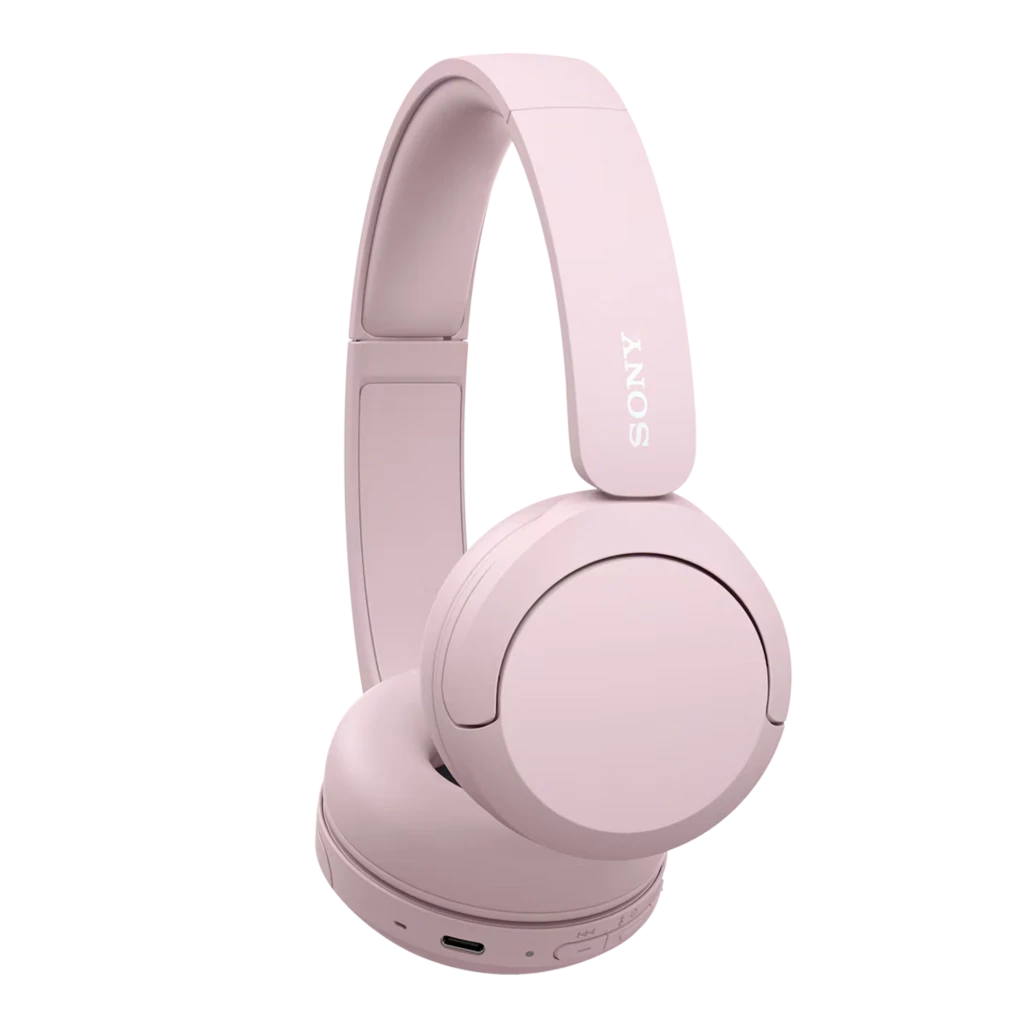 Sony WH-CH520 Rosa, audífonos on-ear plegables con diadema acolchada, copas giratorias y puerto USB-C; acabado mate en tono rosa claro con logo Sony blanco