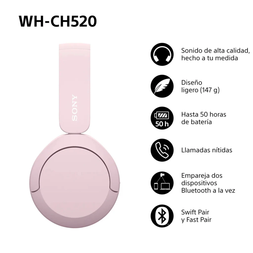 Auriculares Sony WH-CH520 rosa con diadema ajustable, copas acolchadas y diseño plegable ligero. Controles laterales y logotipo Sony en la diadema.