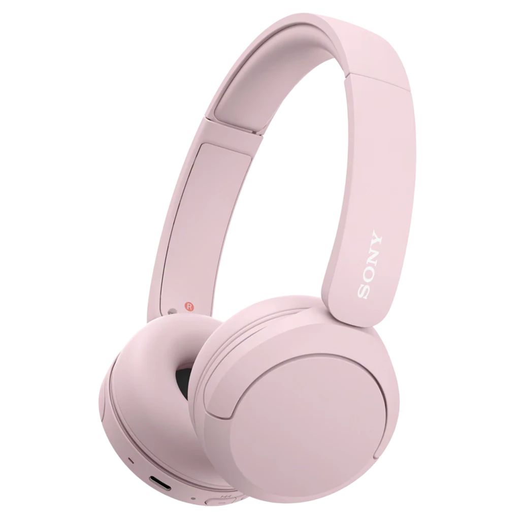 Sony WH-CH520 Rosa: audífonos on-ear plegables en color rosa mate, diadema acolchada, almohadillas suaves, puerto USB-C y logotipo Sony en la diadema