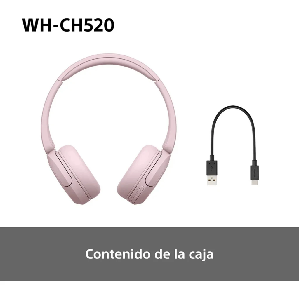 Sony WH-CH520 Rosa: audífonos on-ear plegables en color rosa con diadema acolchada y controles laterales. Incluye cable de carga USB-A a USB-C.