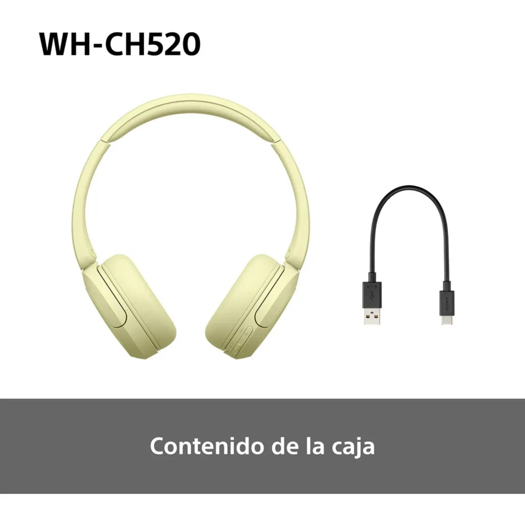 Sony WH-CH520 Amarillo audífonos on-ear plegables en color amarillo pastel con acolchado suave y diadema ajustable. Incluye cable USB de carga corto