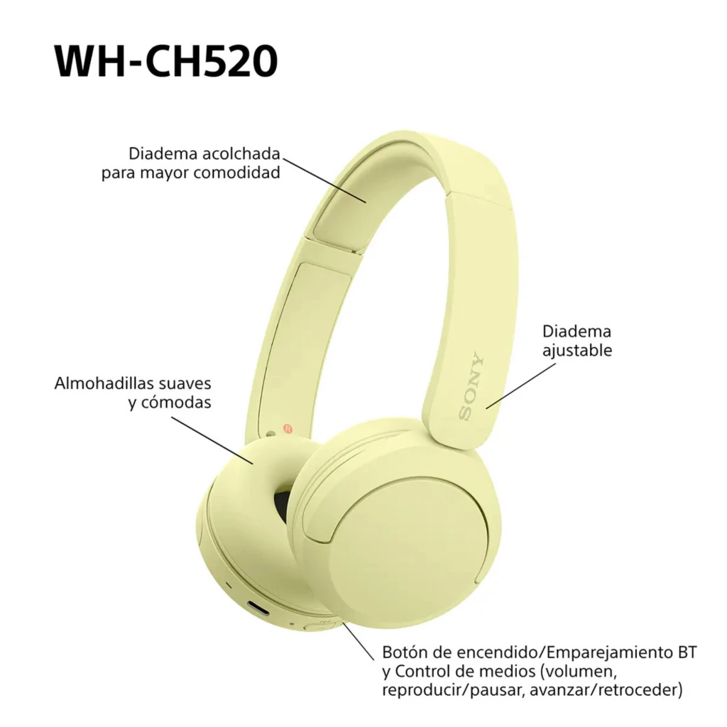 Sony WH-CH520 Amarillo con diadema ajustable y acolchada, almohadillas suaves on-ear, controles en auricular y puerto de carga; diseño compacto y ligero