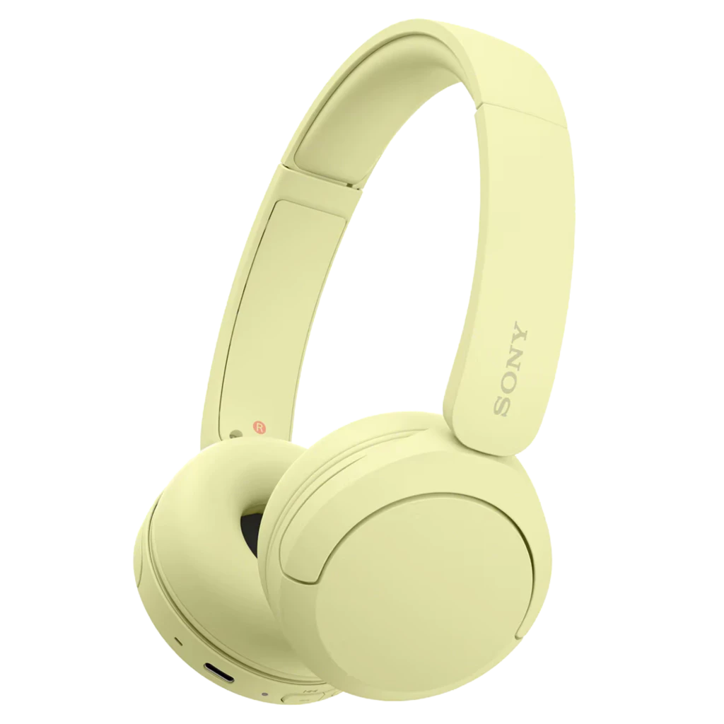 Auriculares on-ear Sony WH-CH520 Amarillo con diadema acolchada, copas redondas plegables, acabado mate y puerto USB-C en la copa izquierda.